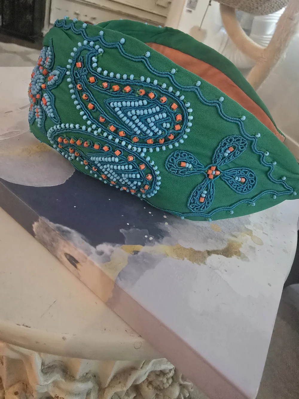 Green Beaded Embroidered Padded Headband by AAMJDOSH